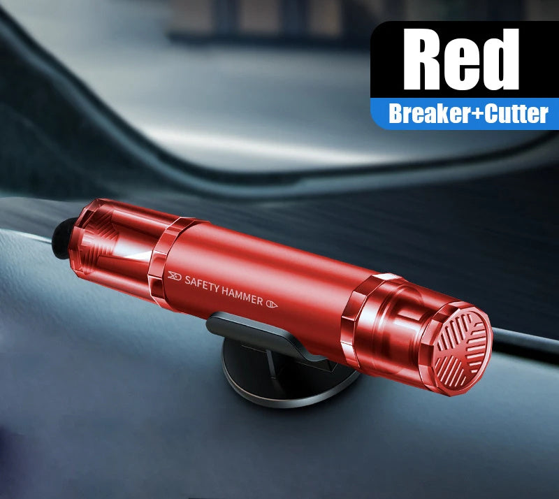 2-in-1 Car Safety Hammer Window Glass Breaker Seat Belt Cutter High Hardness Tungsten Steel Emergency Rescue Tool With Base - AmberOcean 
