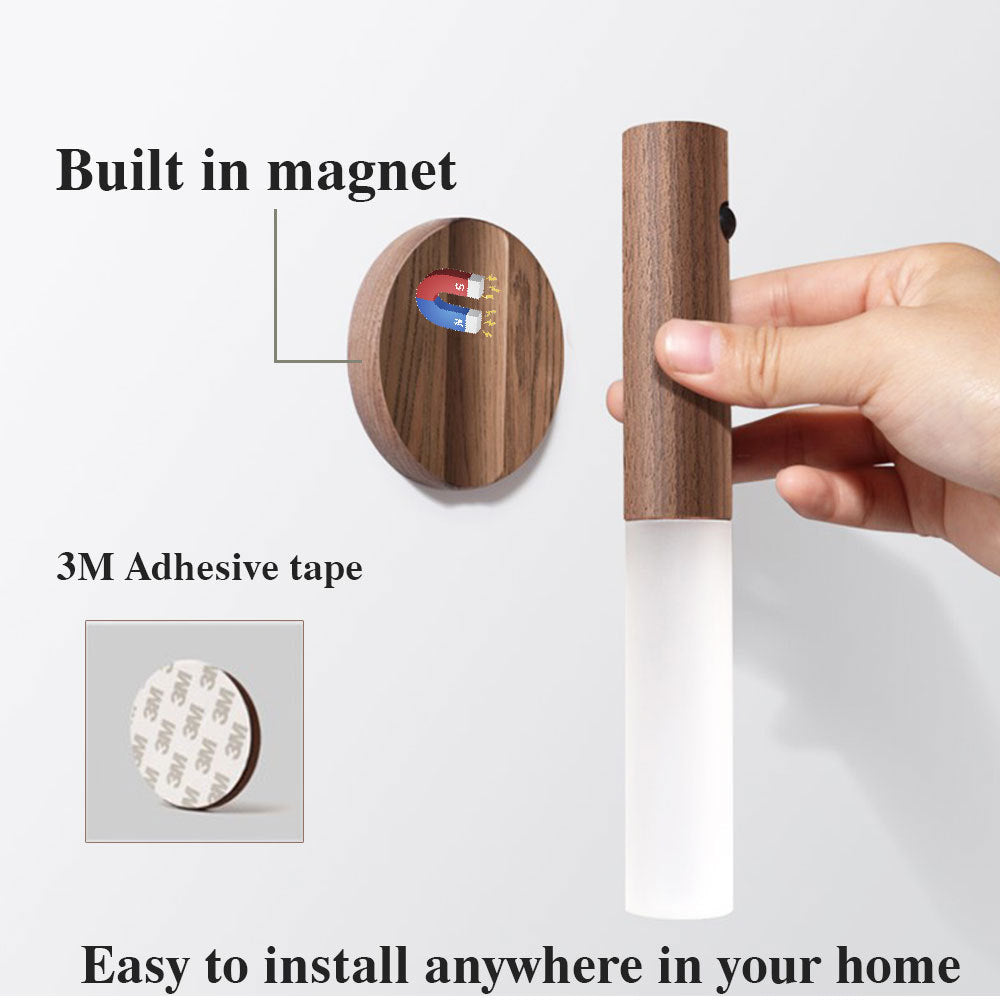 Auto LED USB Magnetic Wood Wireless Night Light Corridors Porch Lights PIR Motion Sensor Wall Light Cabinet Lamp - AmberOcean 