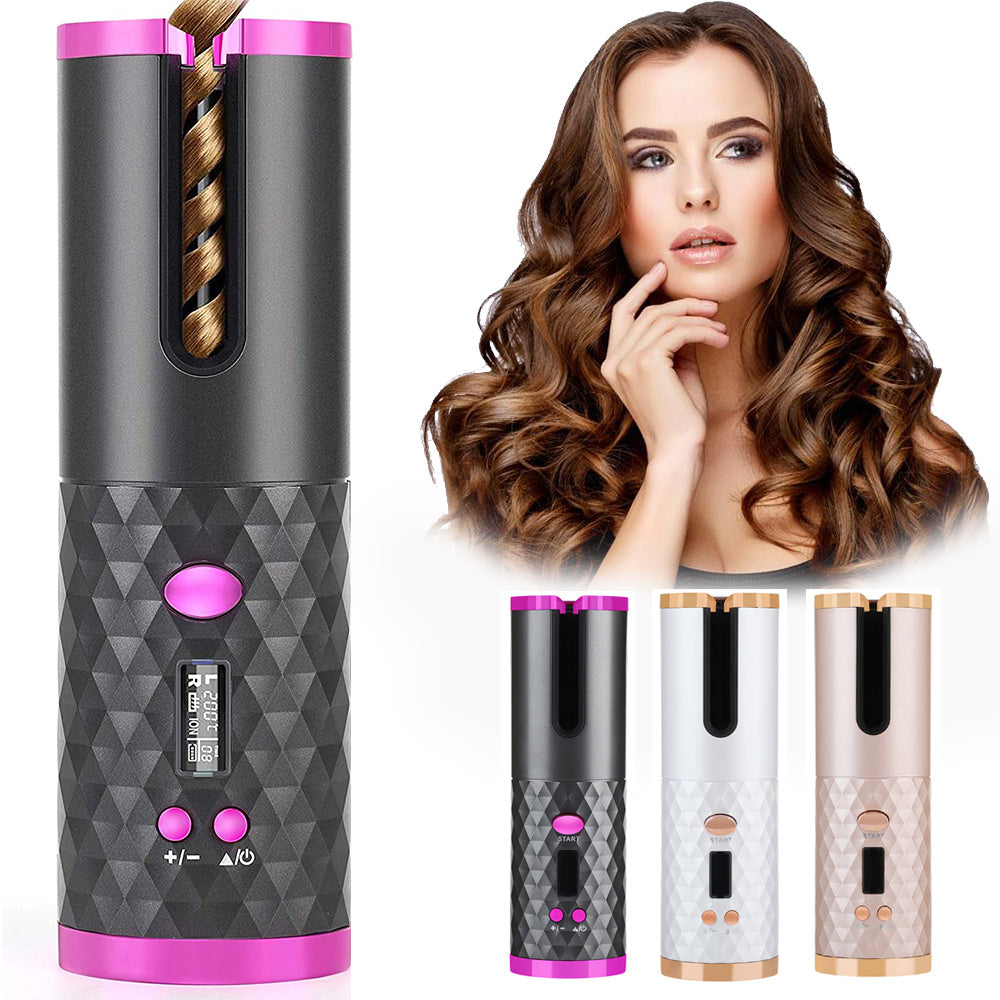 Rechargeable Automatic Hair Curler Women Portable Hair Curling Iron LCD Display Ceramic Curly Rotating Curling Wave Styer - AmberOcean 